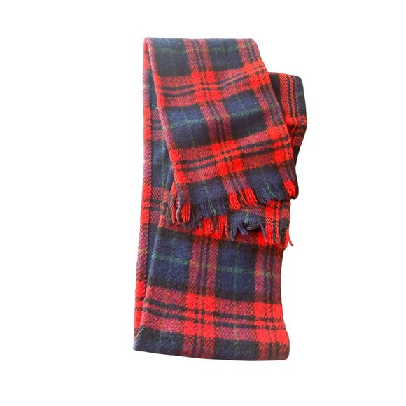 Vintage Wool Tartan Plaid Scarf Red & Navy Fringed Muffler - Picture 3 of 3